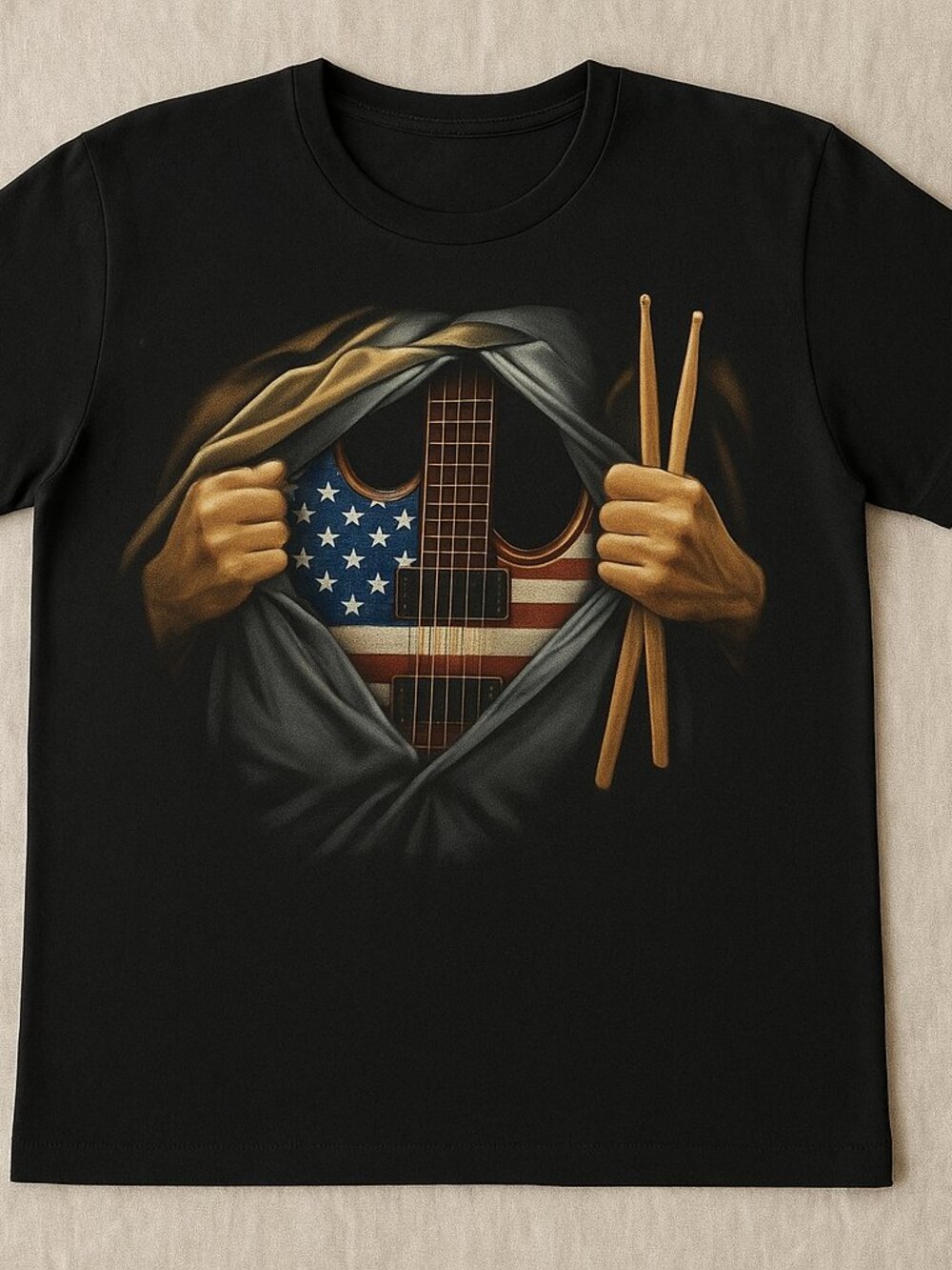 American Flag Guitar Graphic Tee | Patriotic Rock Music T-Shirt | Black Vintage